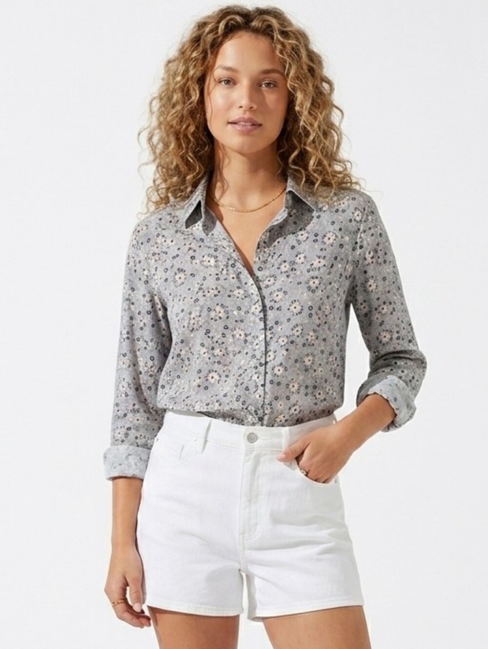 Misslook Gray Floral Pattern Button Down Blouse Long Sleeve Sz M Boho Chic